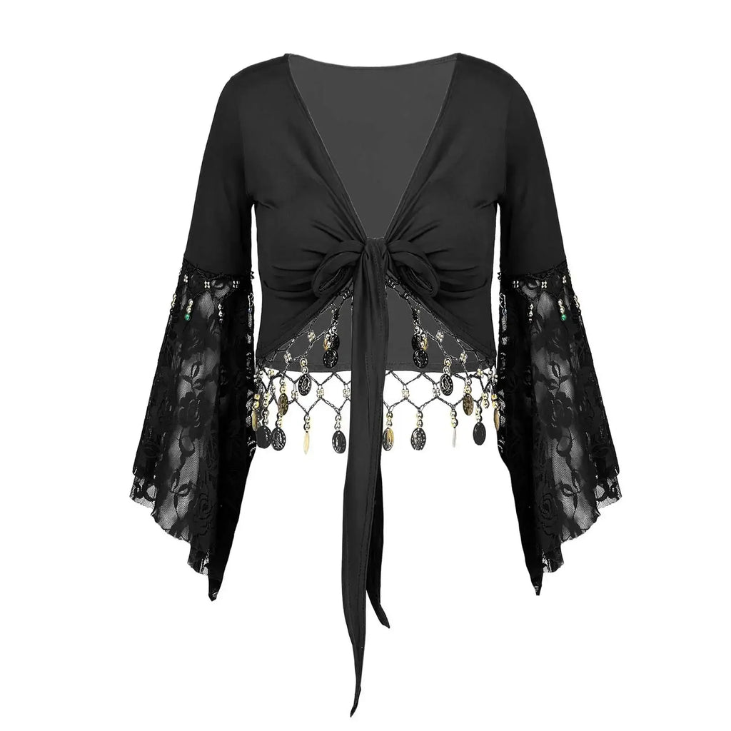 Coin & Bead Tassel Bolero | Bell Sleeve Belly Dance Shawl Top | 8 Colours | M–6XL