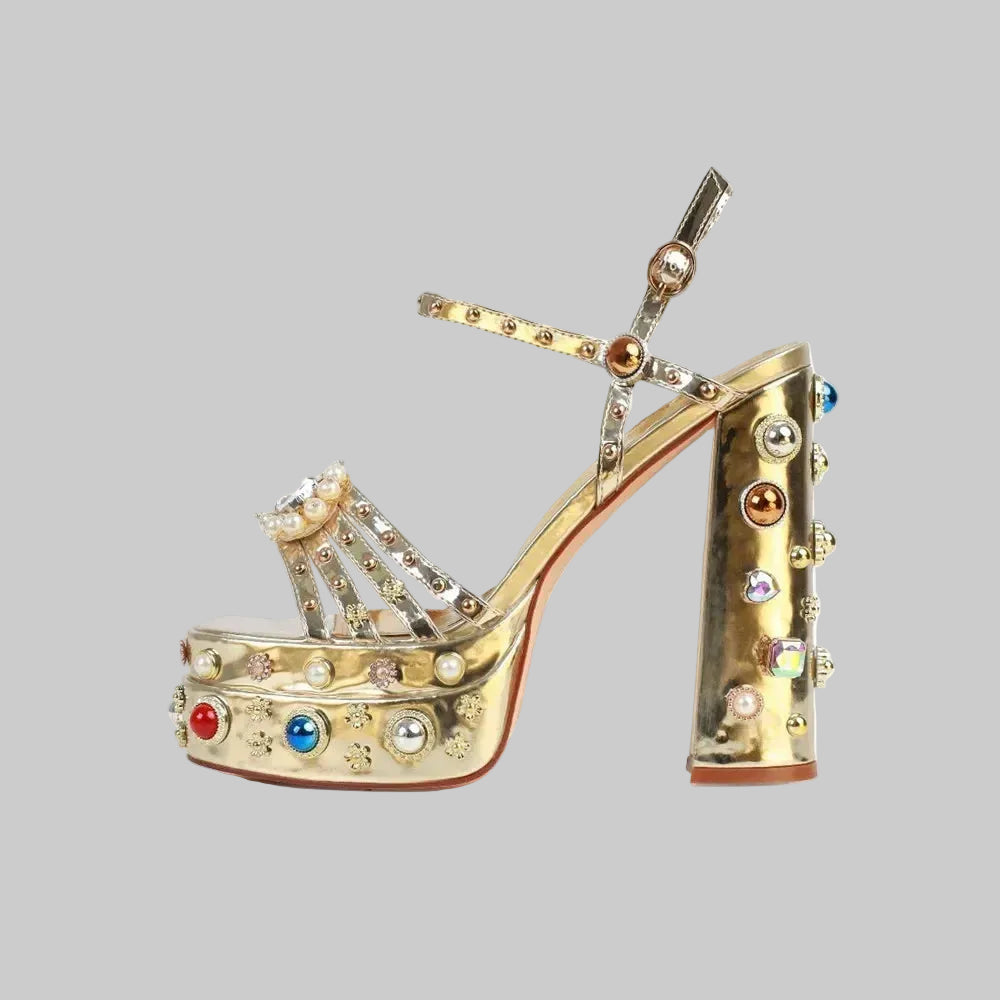 Crystal Platform Sandals - Rhinestone Ankle Strap Heels