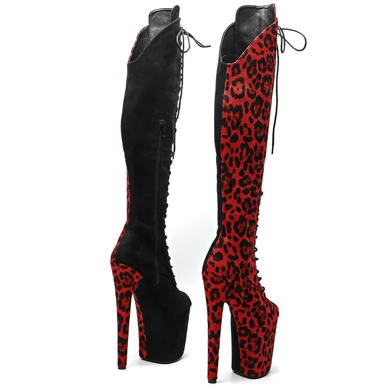 8-Inch Leopard Print Platform Boots - Thigh-High Suede Dance Boots