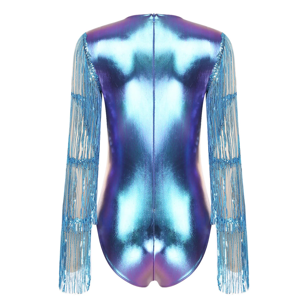 Metallic Dance Bodysuit | Mesh Sleeves | Sequin Fringe