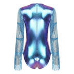 Metallic Dance Bodysuit | Mesh Sleeves | Sequin Fringe
