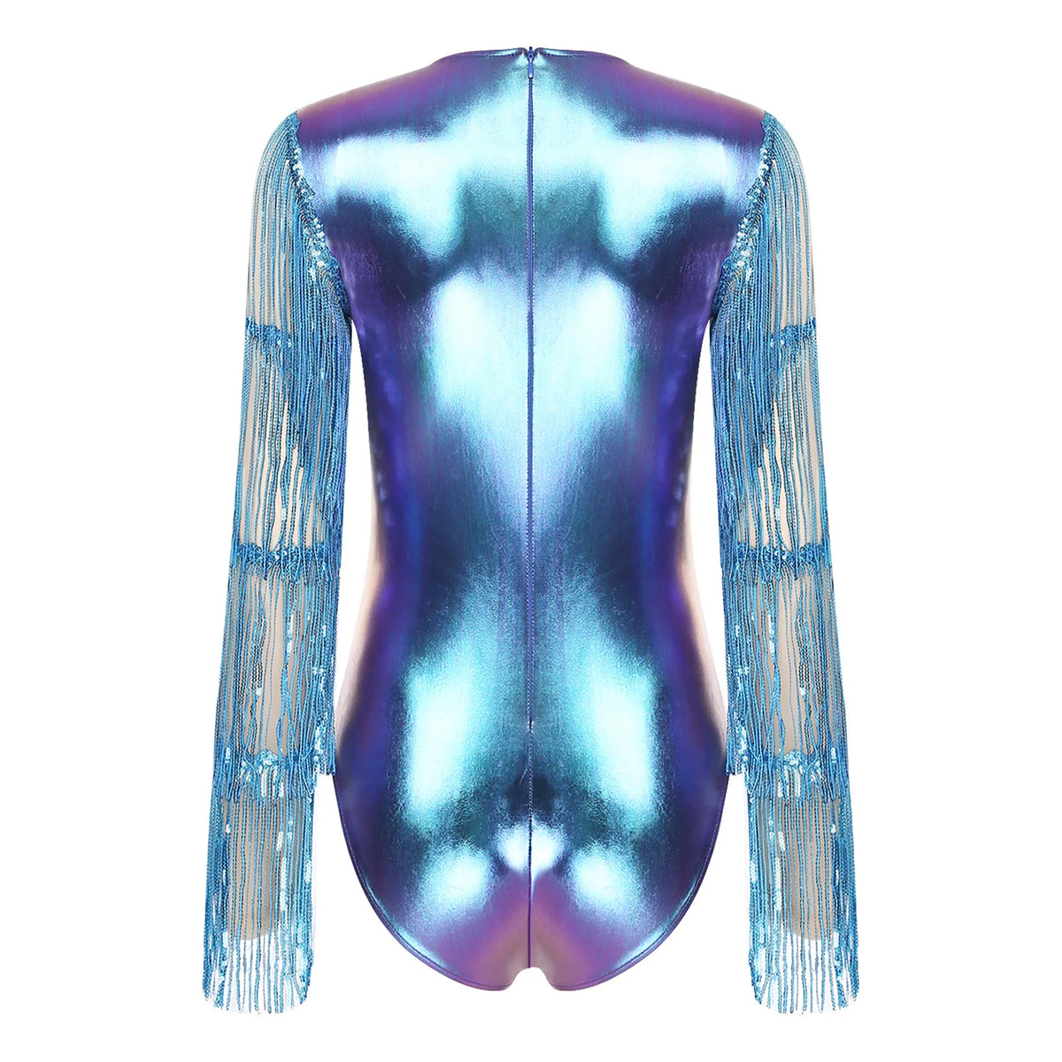 Metallic Dance Bodysuit | Mesh Sleeves | Sequin Fringe