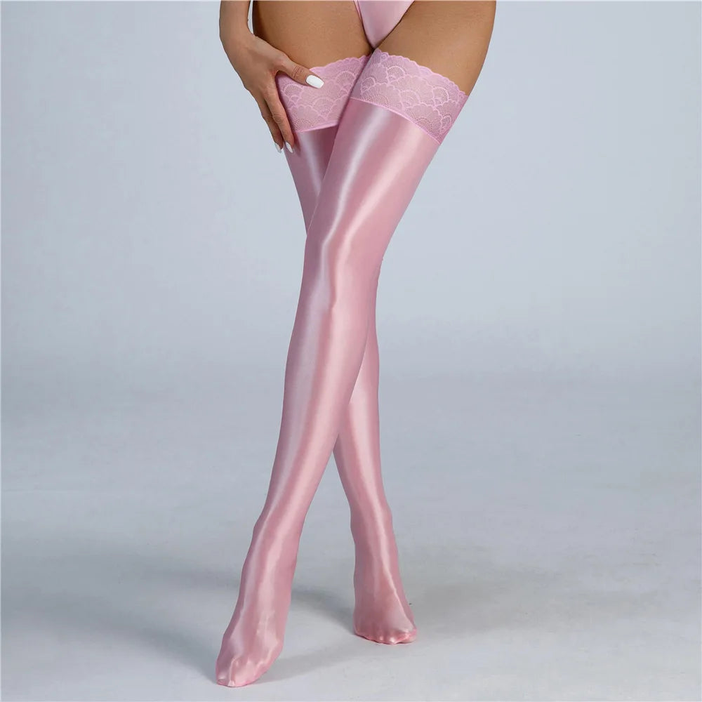 Glossy Satin Over-the-Knee Stockings | Shiny Thigh-High | One Size