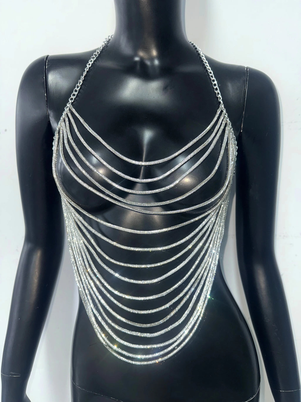 Rhinestone Tassel Halter Crop Top - Backless Chain V-Neck Festival Top