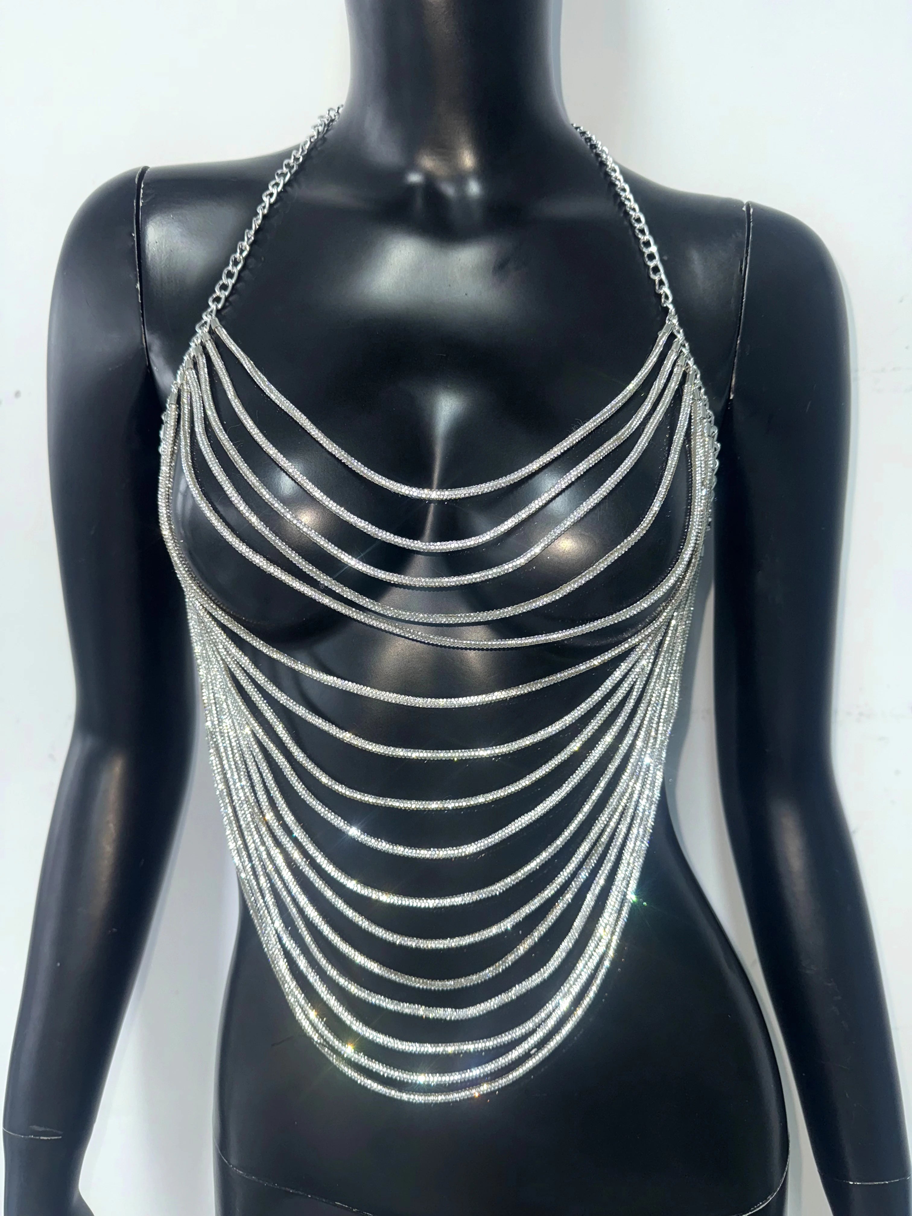 Rhinestone Tassel Halter Crop Top - Backless Chain V-Neck Festival Top
