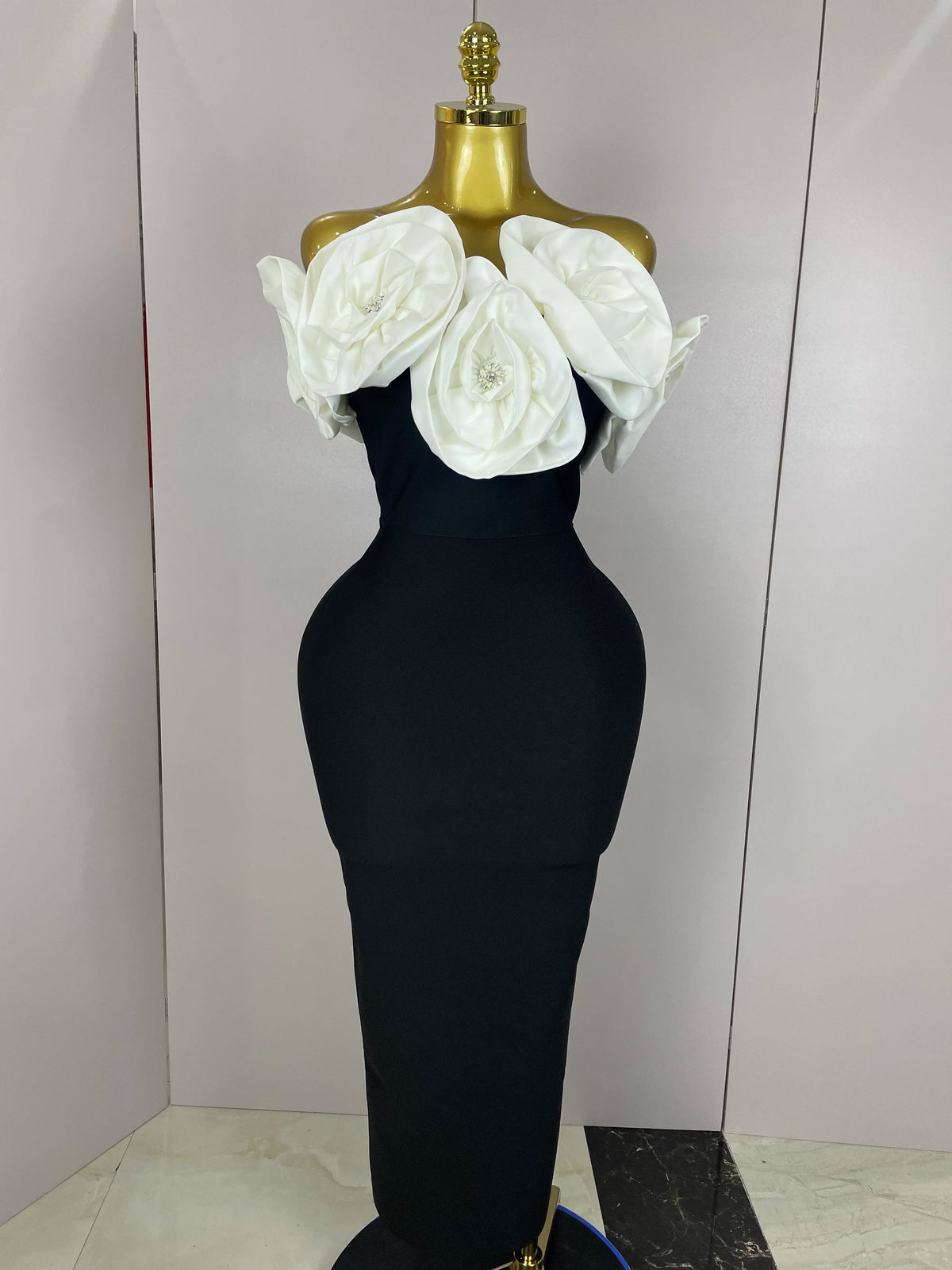 3D Rose Flower Off-Shoulder Bodycon Maxi Dress | Stage & Performance