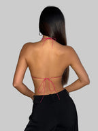 Glitter Diamond Fishnet Halter Crop Top - Sheer Backless Tank