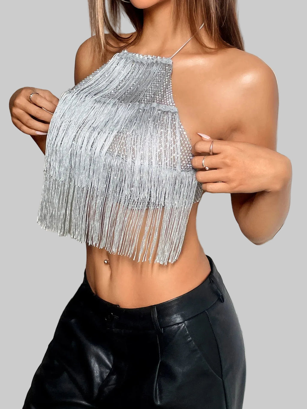 Rhinestone Mesh Halter Crop Top - Backless Tassel Party Camisole