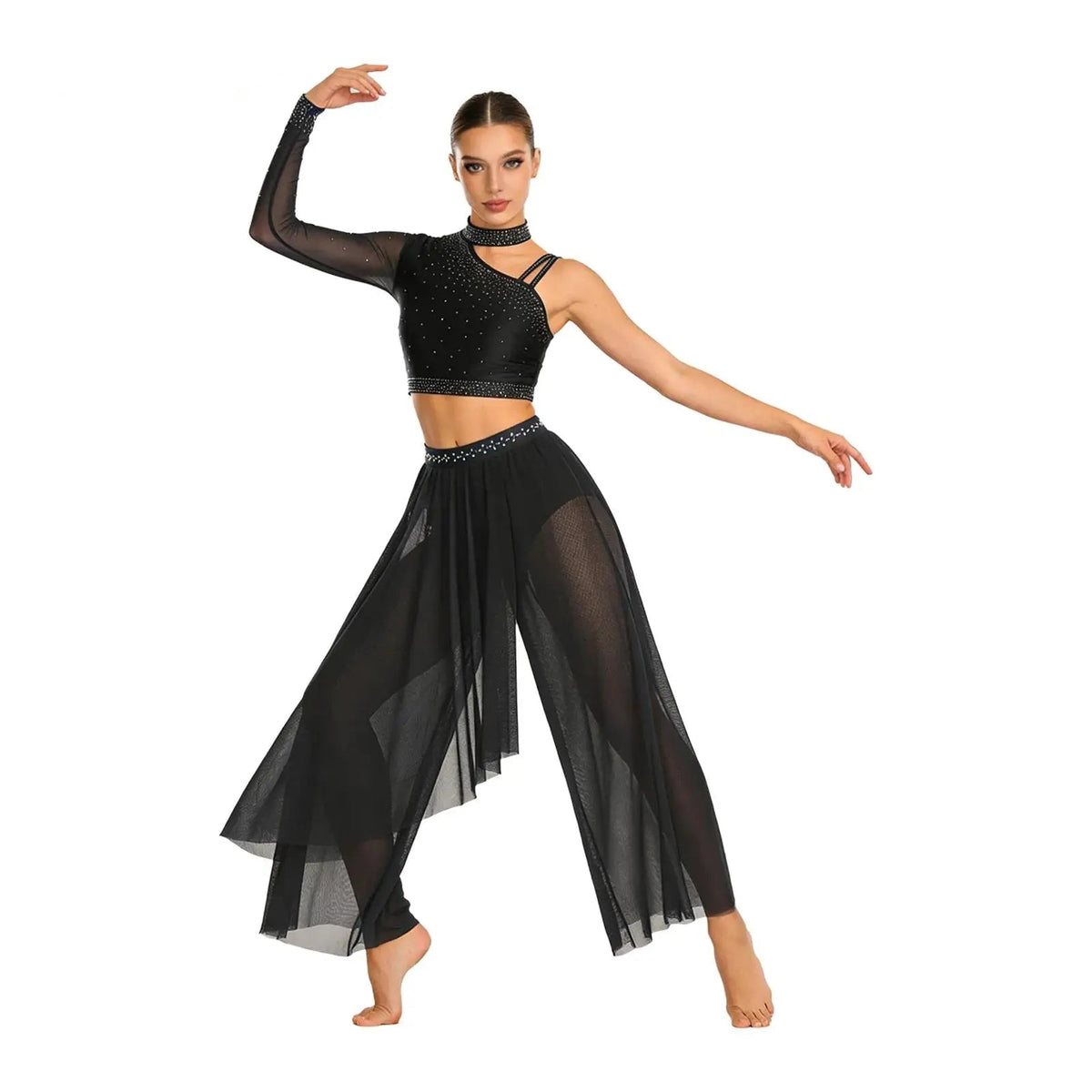 Rhinestone Crop Top & Sheer Pants Set | Lyrical Dance | Built-In Brief