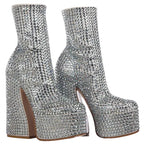 Crystal Platform Ankle Boots - Rhinestone Chelsea Boots with Block Heel