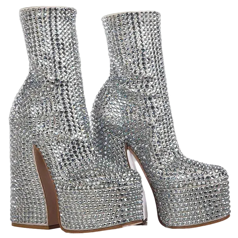 Crystal Platform Ankle Boots - Rhinestone Chelsea Boots with Block Heel