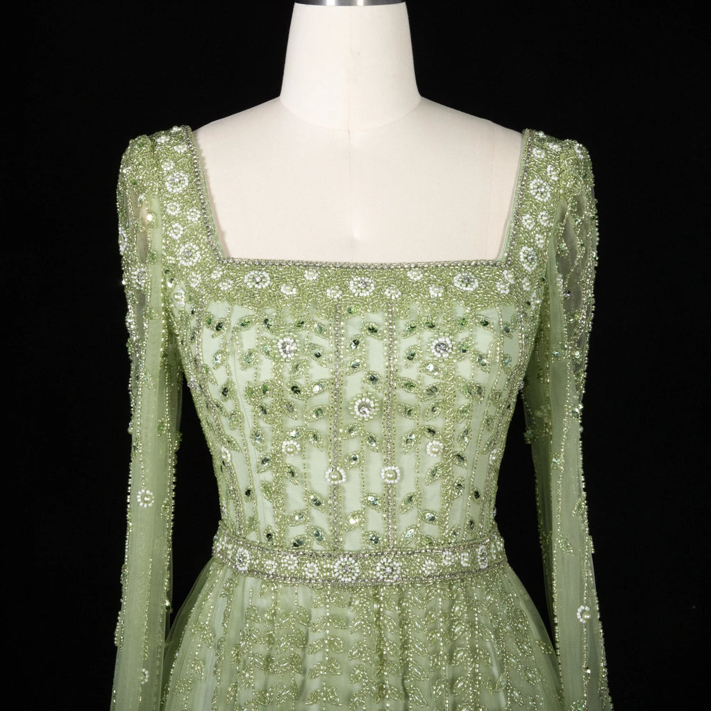 Crystal Beaded Square Neck Gown | Long Sleeve | 4 Colors