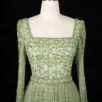 Crystal Beaded Square Neck Gown | Long Sleeve | 4 Colors