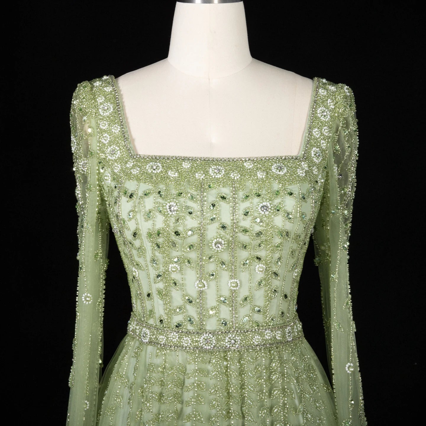 Crystal Beaded Square Neck Gown | Long Sleeve | 4 Colors