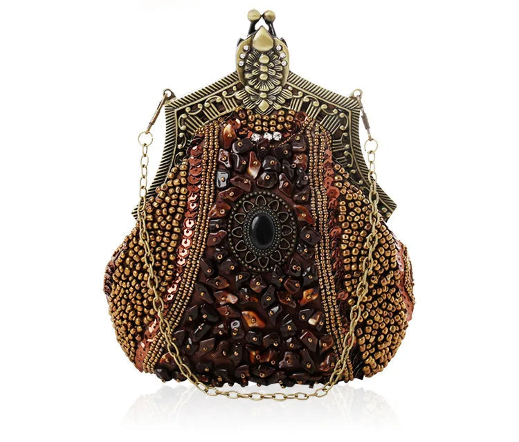 Retro Pearl & Sequin Beaded Clutch | Antique Gold Frame Bag