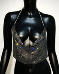 Rhinestone Fishnet Halter Crop Top - Sheer Deep V Backless Tank