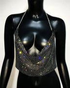 Rhinestone Fishnet Halter Crop Top - Sheer Deep V Backless Tank