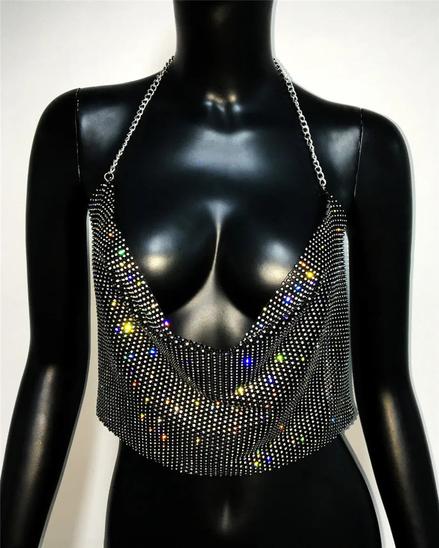 Rhinestone Fishnet Halter Crop Top - Sheer Deep V Backless Tank