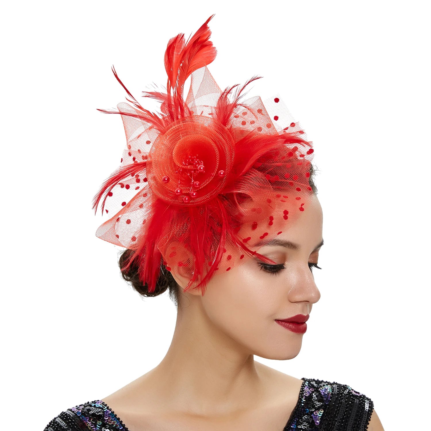 Feather Flower Fascinator Hat | Floral Mesh Headband | 36 Colors