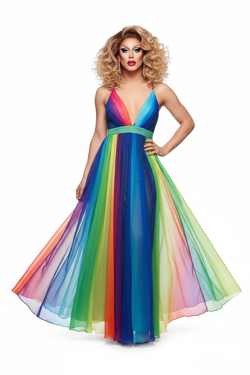 Rainbow Chiffon Dress | Backless V-Neck | Ankle-Length