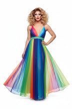 Rainbow Chiffon Dress | Backless V-Neck | Ankle-Length