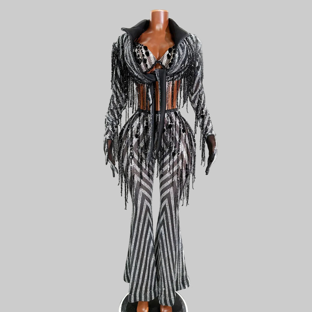 Black & White Stripes Tassel Flared Pants Coat – 2 Piece Stage Outfit