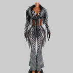 Black & White Stripes Tassel Flared Pants Coat – 2 Piece Stage Outfit