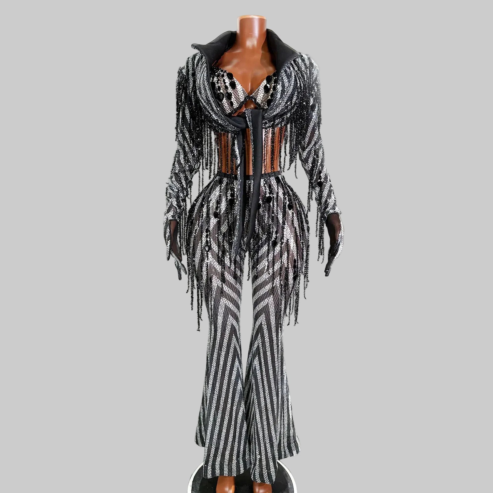 Black & White Stripes Tassel Flared Pants Coat – 2 Piece Stage Outfit