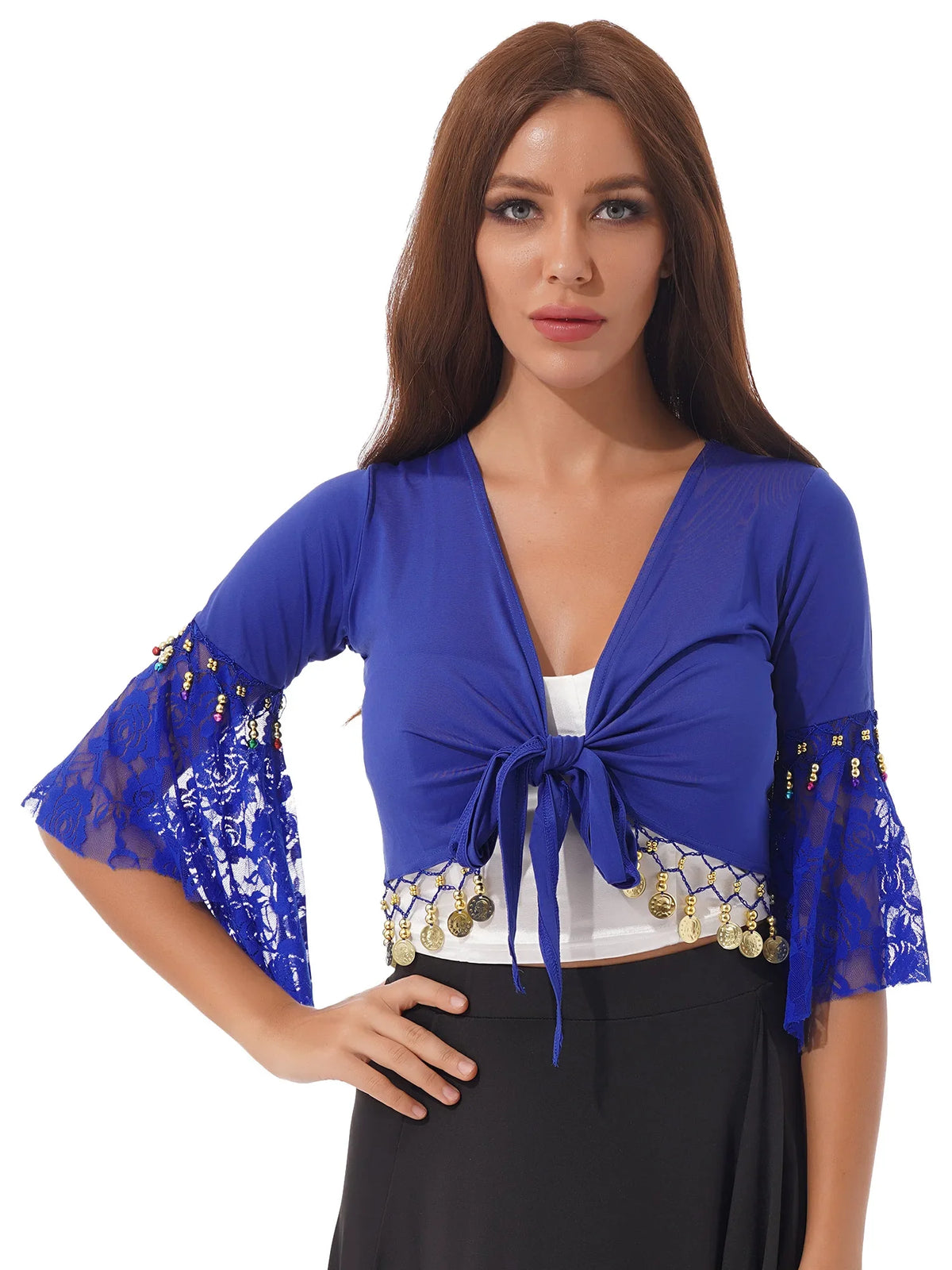 Coin & Bead Tassel Bolero | Bell Sleeve Belly Dance Shawl Top | 8 Colours | M–6XL