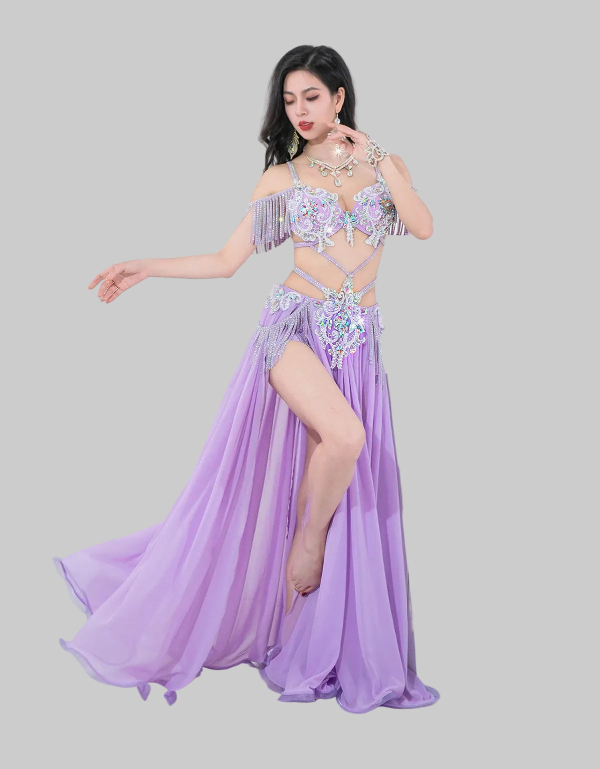 Egyptian Belly Dance Costume - Rhinestone Bra, Skirt & Long Sleeves Set