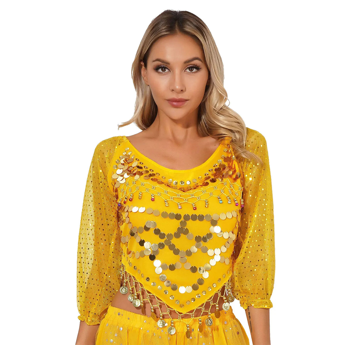 Sequined Belly Dance Crop Top | Coin & Bell Trim | Lace-Up Back