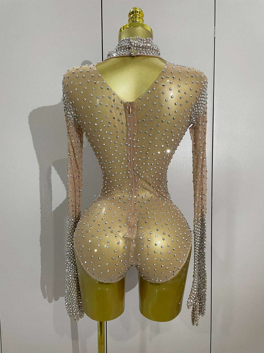 Rhinestone Mesh Bodysuit | Long Sleeve & Gloves | S–XL