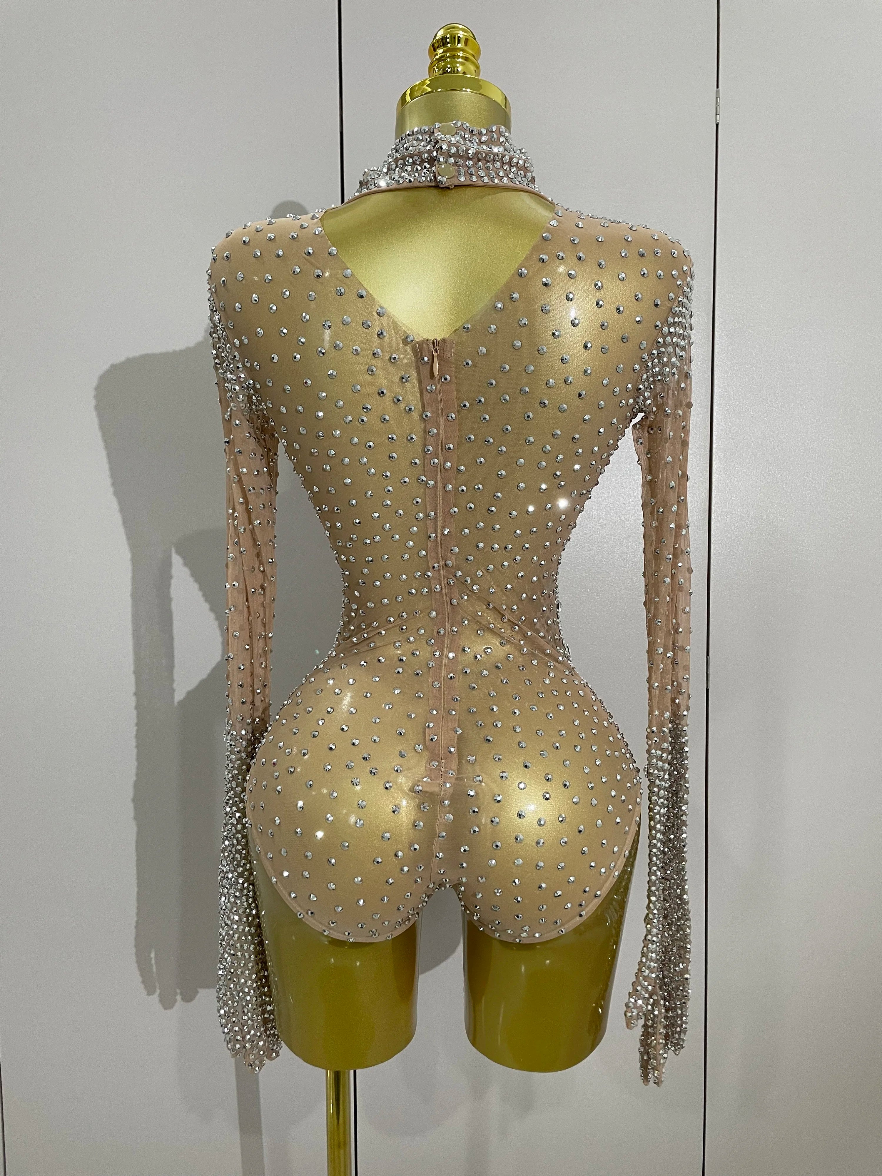 Rhinestone Mesh Bodysuit | Long Sleeve & Gloves | S–XL