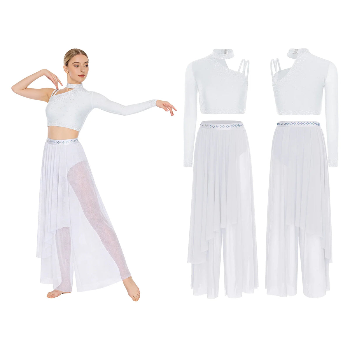 Rhinestone Crop Top & Sheer Pants Set | Lyrical Dance | Built-In Brief