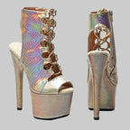 17CM Shiny Snake Print Platform Ankle Boots - 7 Inch High Heel Pole Dance Boots