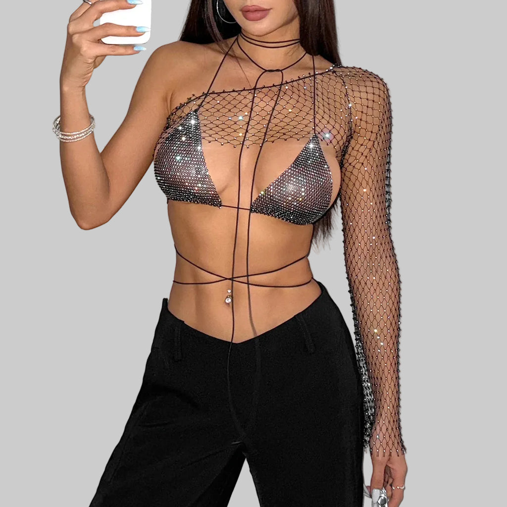 Rhinestone Bra Top & Mesh One Shoulder Tee Set - 2-Piece Festival Outfit