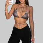 Rhinestone Bra Top & Mesh One Shoulder Tee Set - 2-Piece Festival Outfit