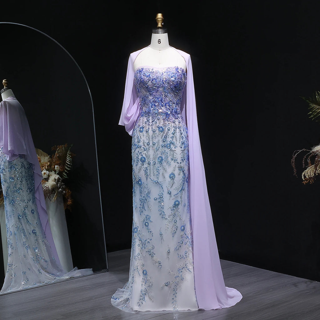 Beaded Lilac Mermaid Gown | Floral Appliqué Cape | Strapless
