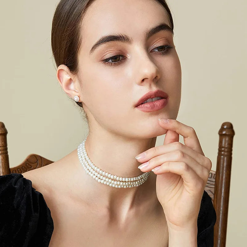 Pearl Collar Choker | Layered Rows | White
