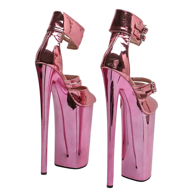 10-Inch Metallic Platform Sandals | Open Toe | Ankle Strap | Pink