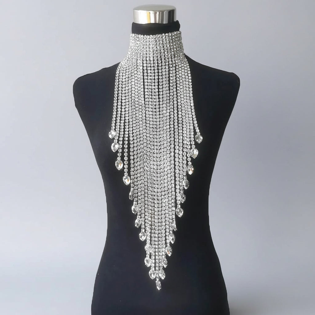 Rhinestone Choker Necklace - Long Tassel Crystal Statement Necklace
