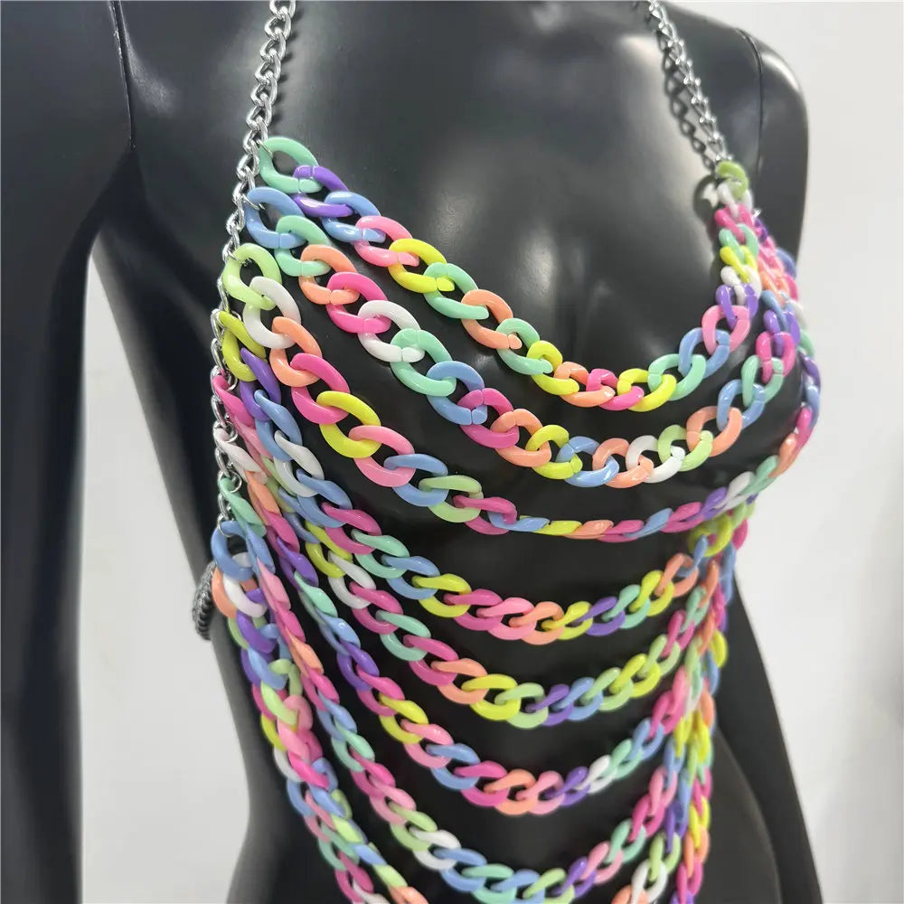 Colorful Acrylic Chain Halter Crop Top - Tassel Backless Tank