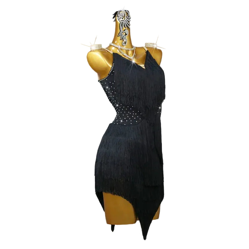 Rhinestone Fringe Latin Dance Dress with Ornaments Set
