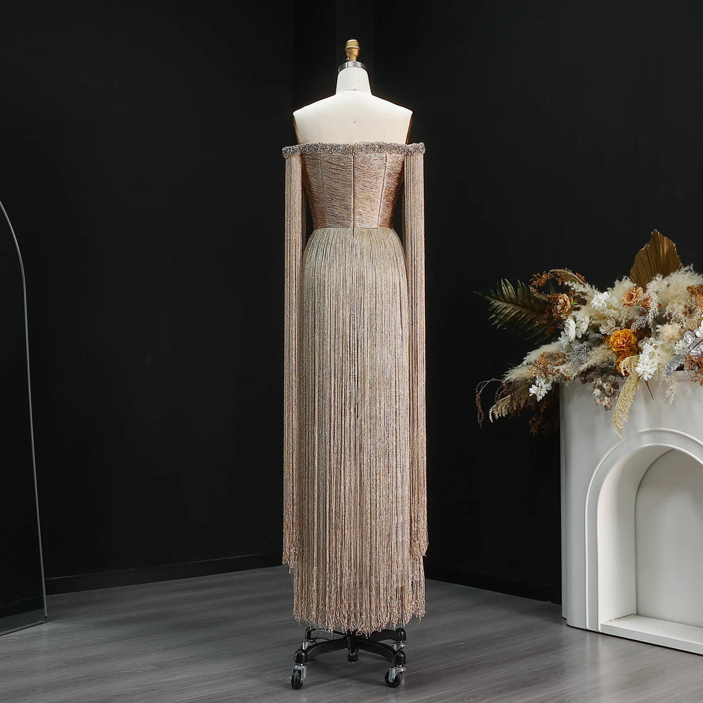 Gold Tassel Formal Gown | Off-Shoulder | Floor-Length