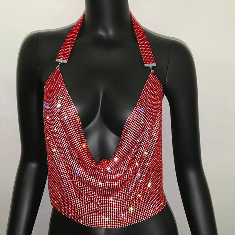 Rhinestone Sequin Deep V Halter Crop Top - Backless Diamond Tank