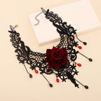 Gothic Rose Lace Choker | Red Crystal Drops | Black