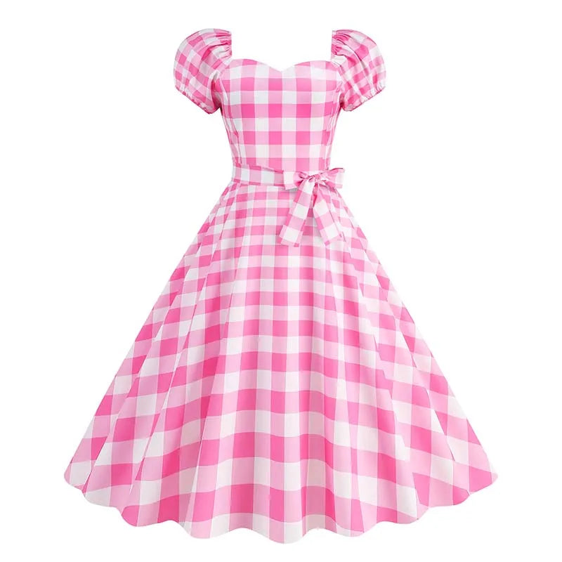 Vintage 50s A-Line Dress | Puff Sleeve | Plaid & Polka Dot