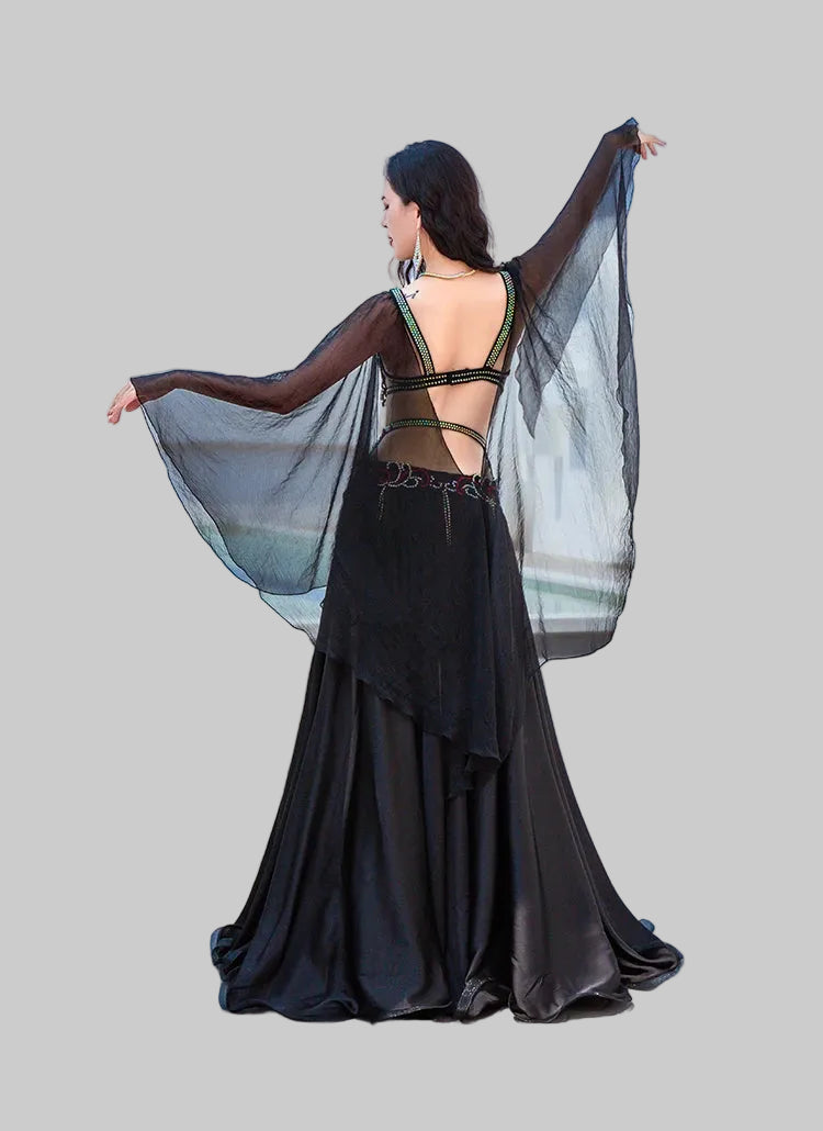 Egyptian Belly Dance Costume Set - Rhinestone Beaded Bra, Skirt & Sleeves