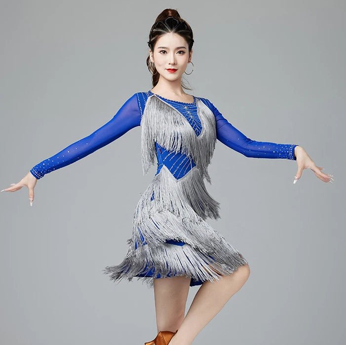 Latin Dance Dress | Long Sleeve Fringe | Rhinestone | with Panties