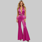 70s Disco Bell-Bottom Jumpsuit - Deep V-Neck Performance Bodysuit